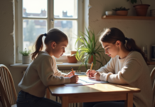 Femme française aidant sa fille à faire ses devoirs dans une cuisine parisienne