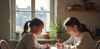 Femme française aidant sa fille à faire ses devoirs dans une cuisine parisienne