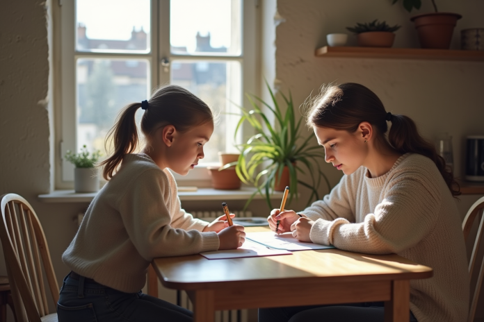 Femme française aidant sa fille à faire ses devoirs dans une cuisine parisienne