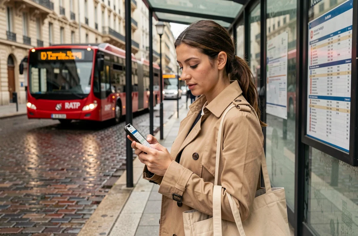 Jeune femme vérifiant l'application RATP sur smartphone en attendant son bus à un arrêt parisien
