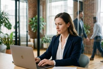 Femme confiante travaillant sur son ordinateur dans un espace coworking