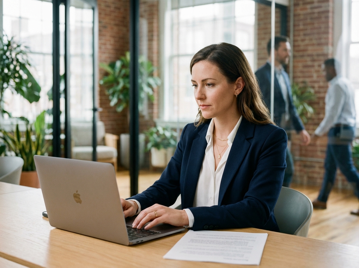Femme confiante travaillant sur son ordinateur dans un espace coworking
