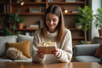 Femme souriante tenant un livre cadeau dans un salon chaleureux