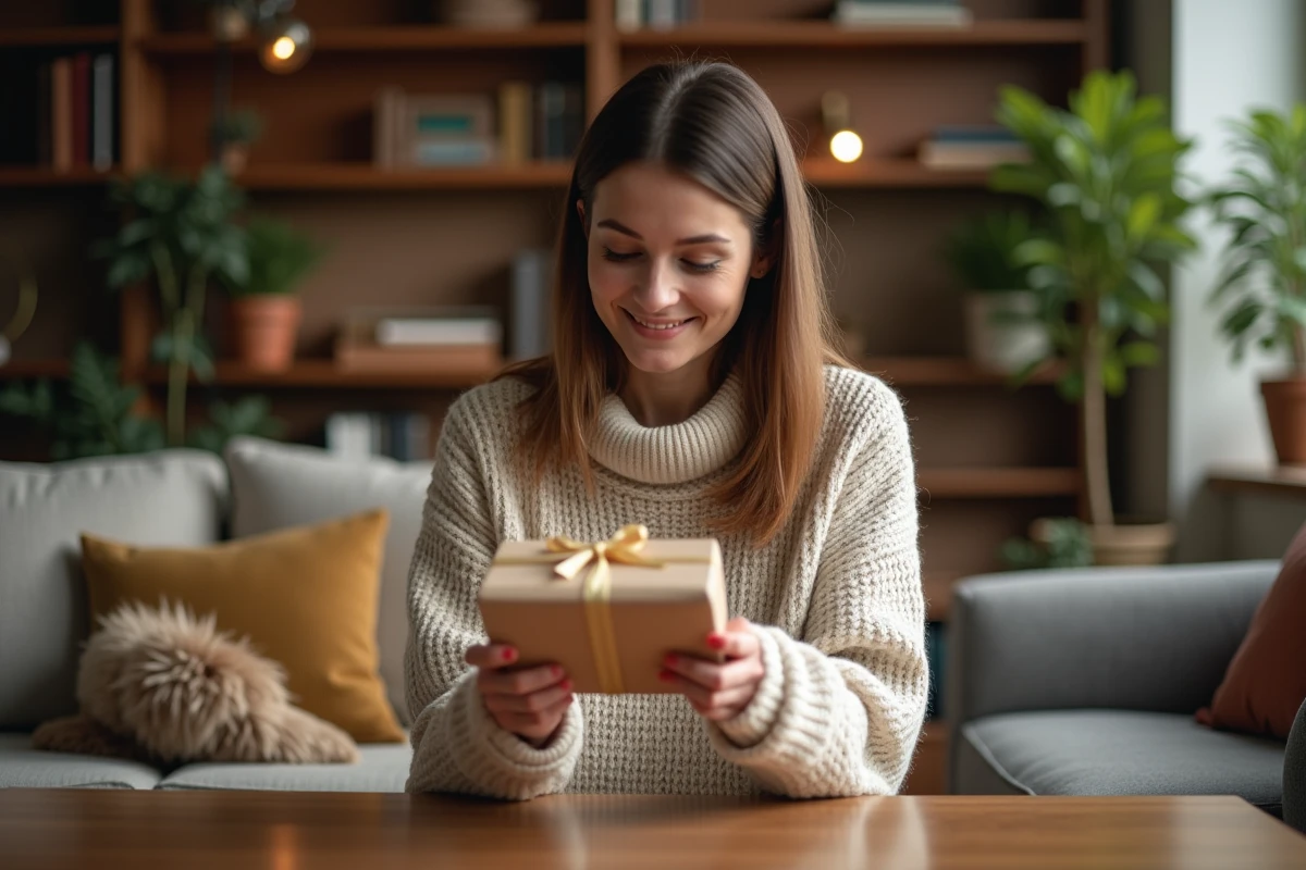 Femme souriante tenant un livre cadeau dans un salon chaleureux