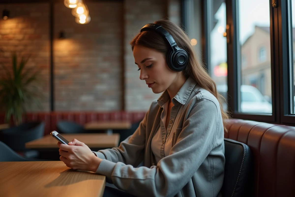 Femme seule dans un café urbain écoutant un podcast sur son téléphone