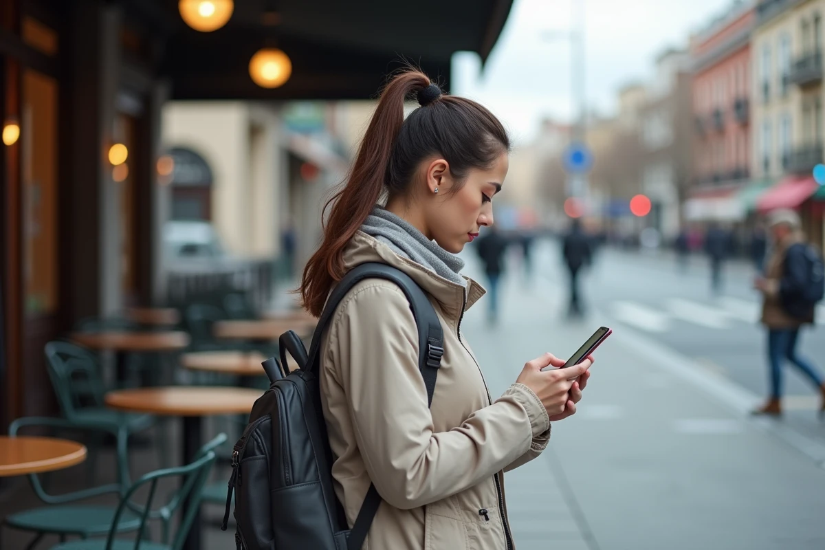 Femme avec sac à dos vérifiant son smartphone en terrasse