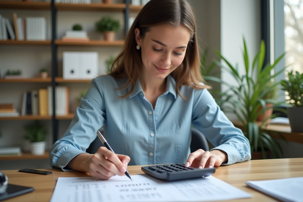 Jeune femme en bureau consultante un tableau de conversion