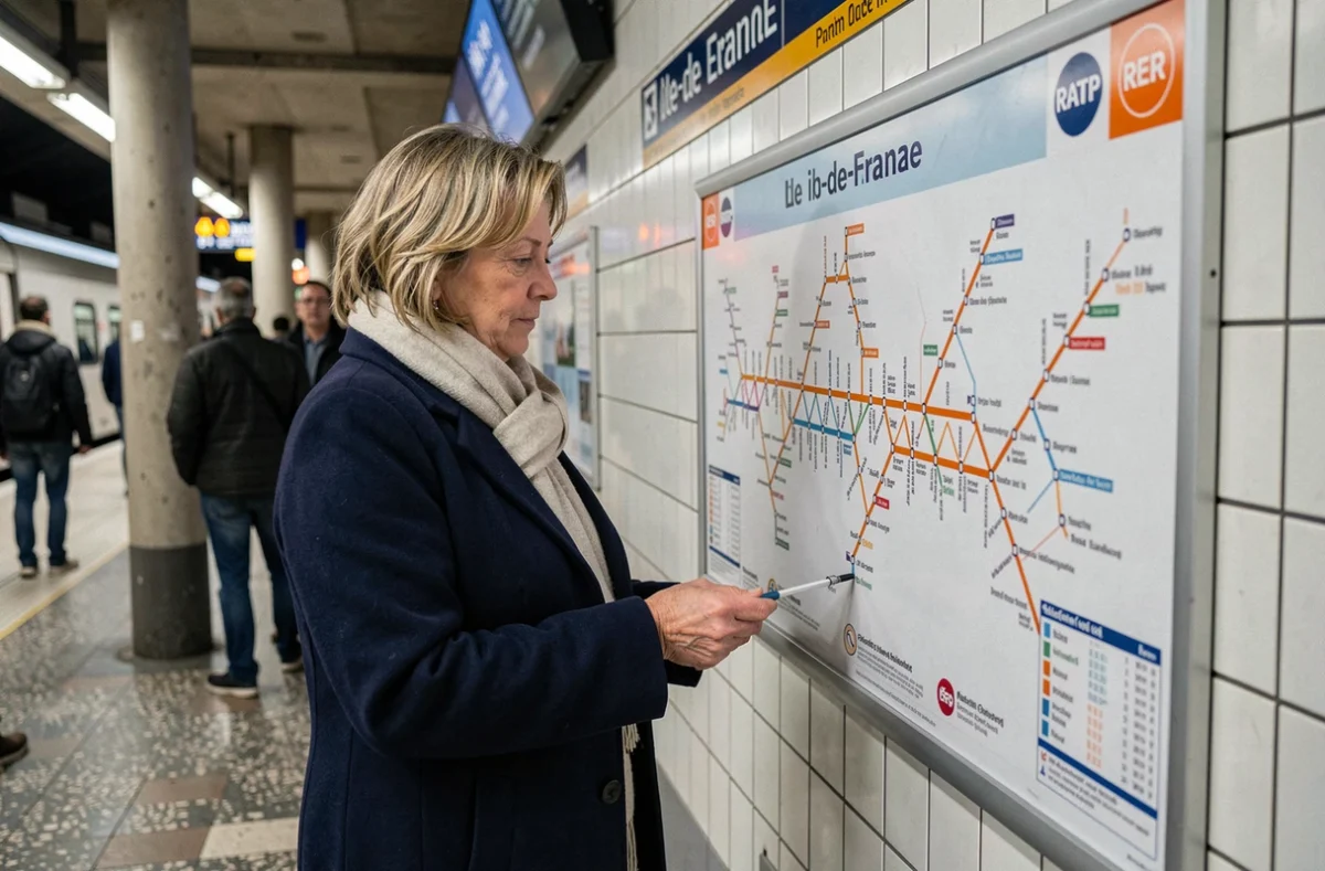 Femme consultant une carte du réseau RER en Île-de-France sur le quai d'une station parisienne