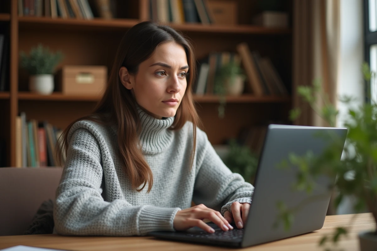 Femme utilisant un chat en ligne sur son ordinateur portable à la maison en protégeant sa vie privée