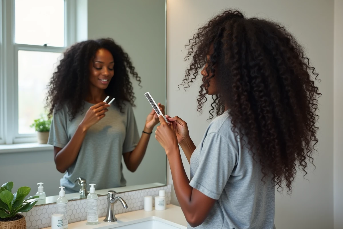 Femme aux cheveux bouclés naturels qui examine ses pointes dans un miroir de salle de bain