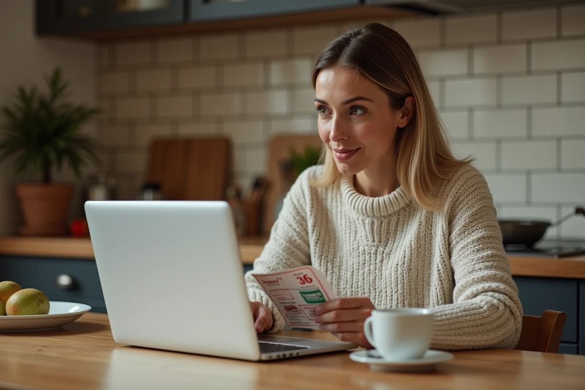 Femme consultant un site de drive en ligne avec un code promo Carrefour imprimé à la main