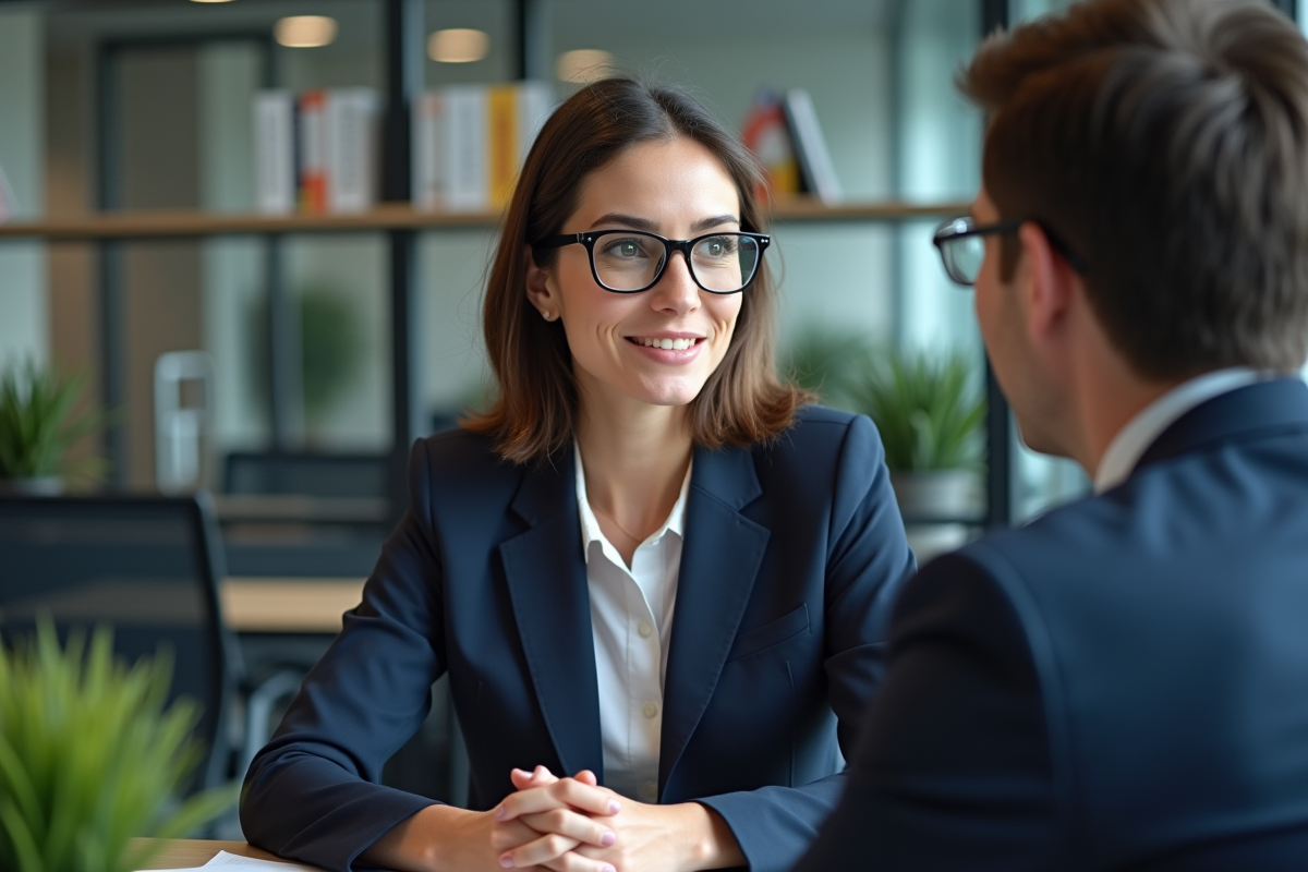 Jeune femme professionnelle parlant avec conseiller bancaire