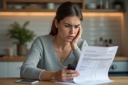 Femme consultant une facture Sosh avec son smartphone posé sur la table, l'air préoccupé