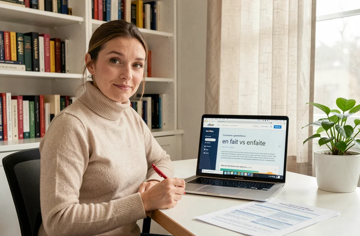 Femme consultant un site de correction orthographique sur son ordinateur portable pour la règle d'en fait