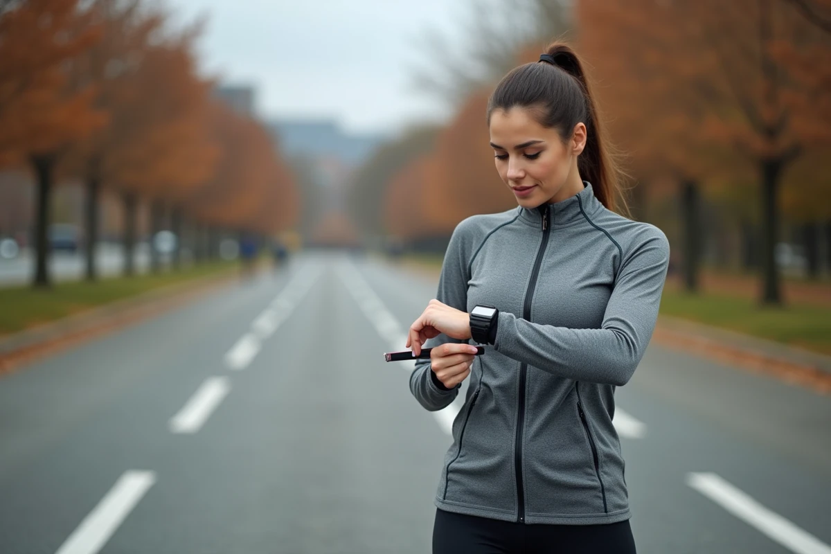 Femme en tenue de course vérifiant sa montre GPS sur un chemin balisé avec des marques de distance en kilomètres et miles