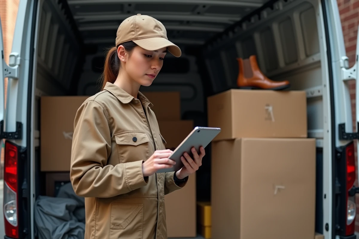Jeune femme en combinaison de travail vérifiant une commande dans une camionnette