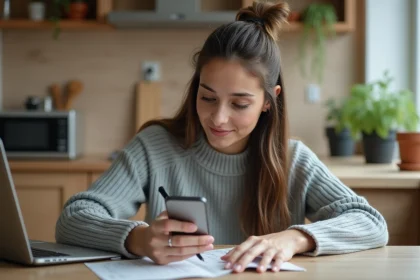 Jeune femme concentrée sur son smartphone et un carnet de mots croises