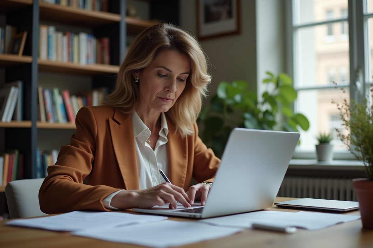 Femme mature remplissant formulaire de residence au bureau