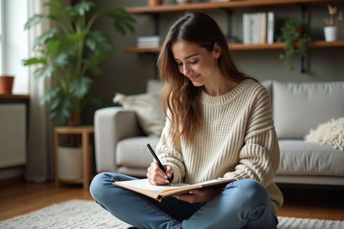 Femme en sweater dessinant dans un salon cosy