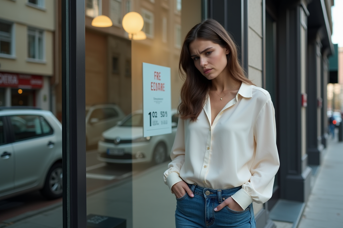 Femme déçue devant agence immobilière fermée