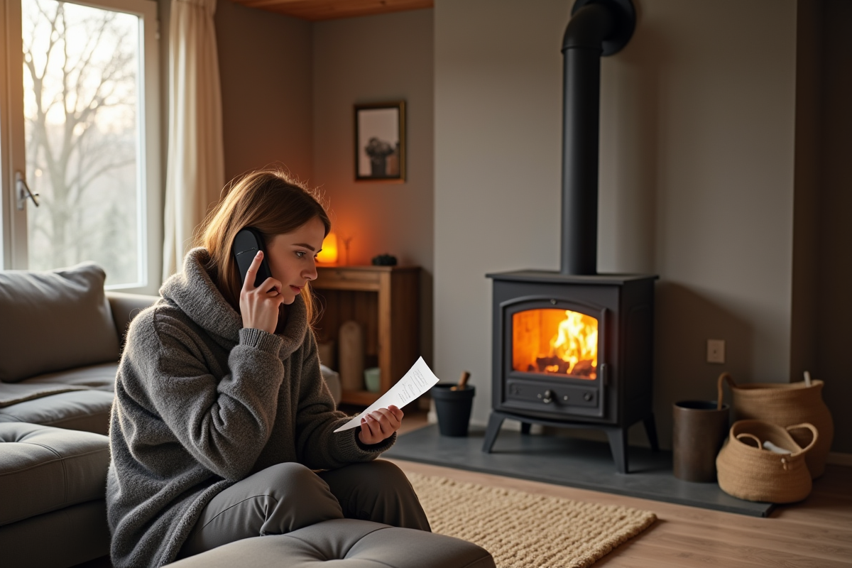 Femme au téléphone dans le salon froid avec poêle à pellet démonté