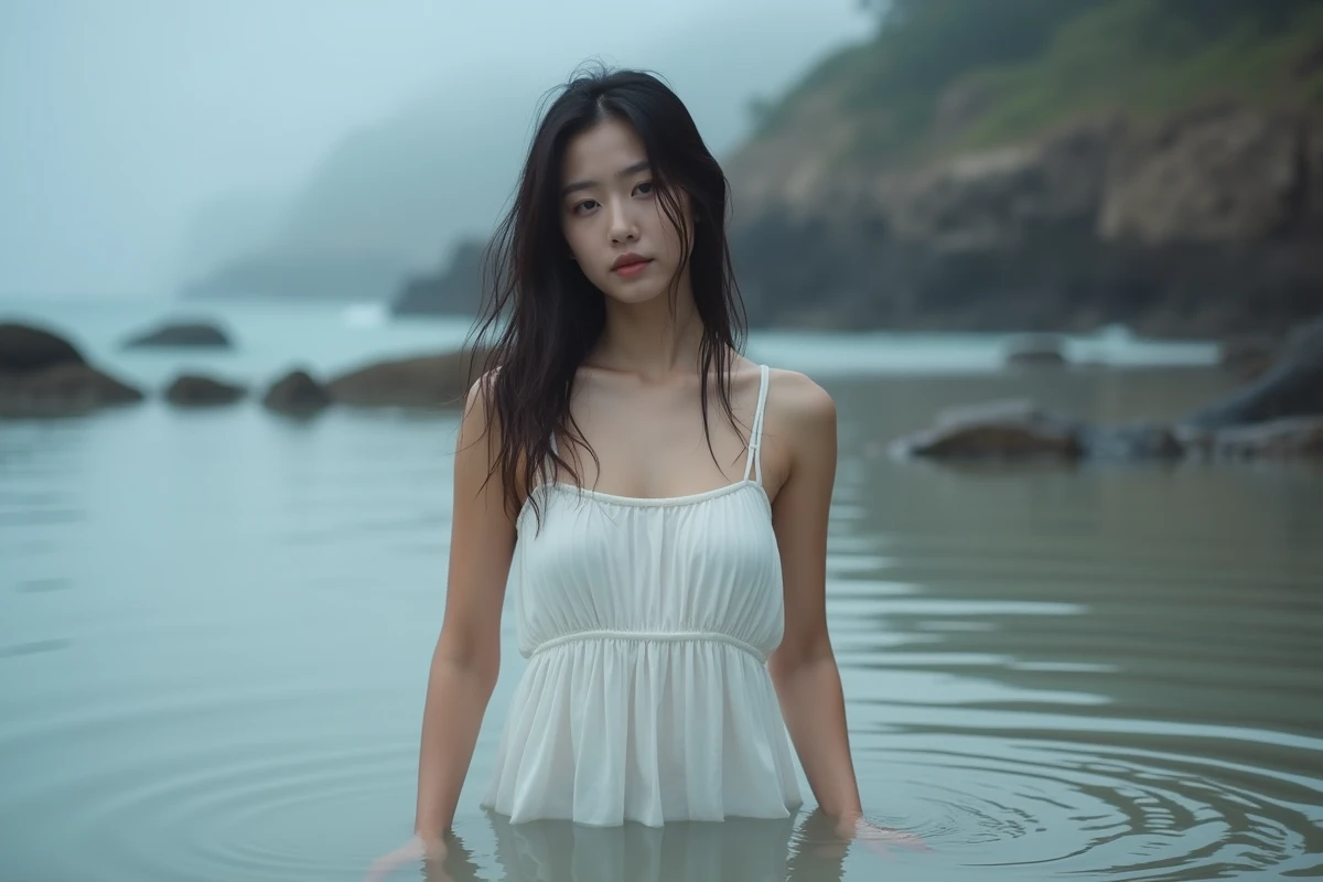 Jeune femme debout dans l'eau côtière calme, robe blanche flottante, expression sereine évoquant la puissance intérieure et l'élément aquatique