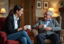 Convaincre un propriétaire de vendre : astuces et conseils efficaces Femme d'âge moyen souriante parlant avec un homme âgé dans un salon chaleureux