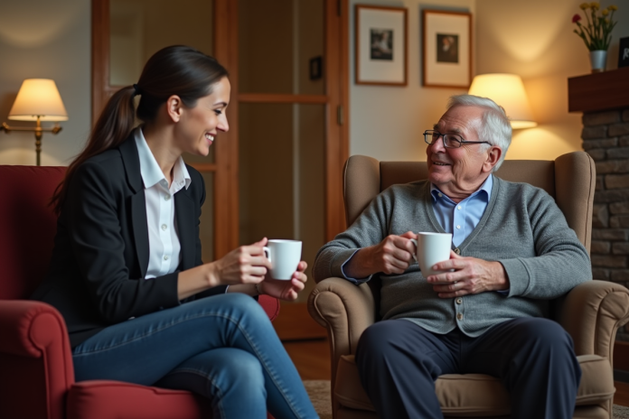 femme-elderly-conversation-maison Femme d'âge moyen souriante parlant avec un homme âgé dans un salon chaleureux