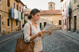 Femme explorant une rue pavée d'une ville étrangère avec une carte à la main, envisageant une nouvelle vie à l'étranger