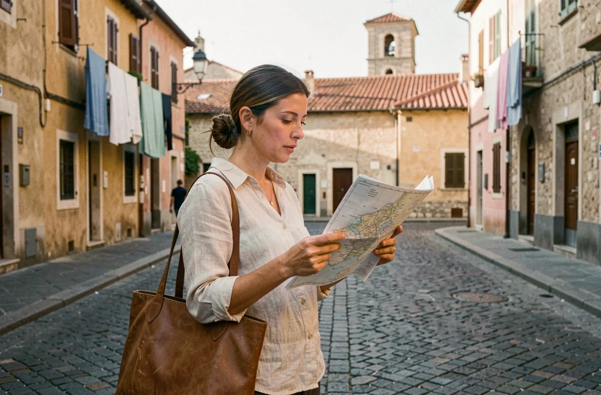 Femme explorant une rue pavée d'une ville étrangère avec une carte à la main, envisageant une nouvelle vie à l'étranger
