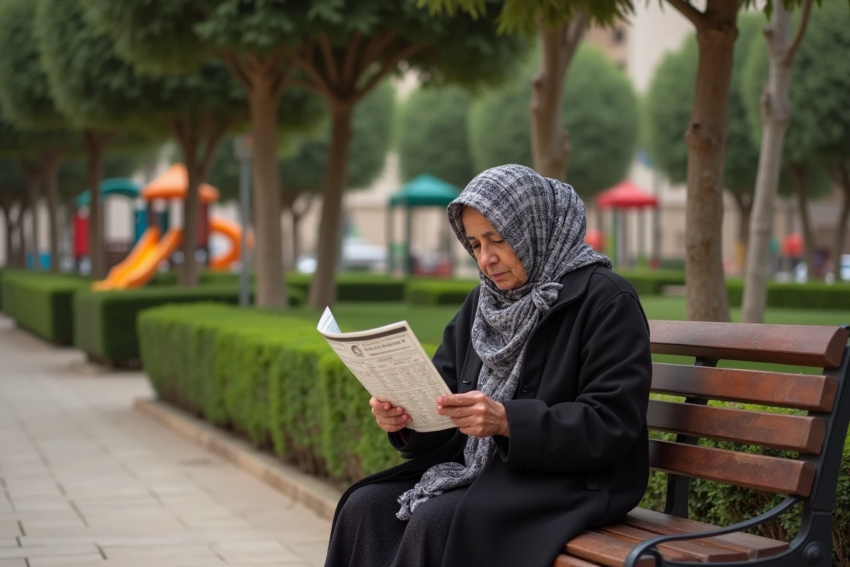 Femme âgée en hijab lisant un calendrier de prières dans un parc