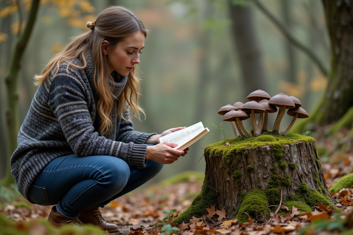 Jeune femme identifie des champignons avec guide en forêt automnale