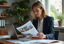 Baisser les prix immobilier : astuces efficaces pour y parvenir Femme d affaires examinant des annonces immobilières dans un bureau moderne