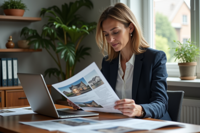 femme-immobilier-bureau Femme d affaires examinant des annonces immobilières dans un bureau moderne