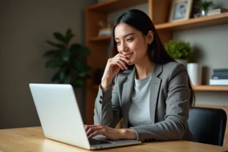 Femme professionnelle lisant des avis utilisateurs sur Scoopium depuis son bureau à domicile