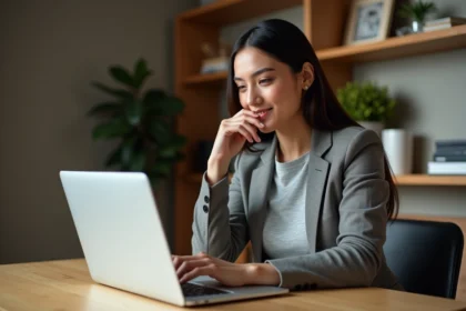 Femme professionnelle lisant des avis utilisateurs sur Scoopium depuis son bureau à domicile