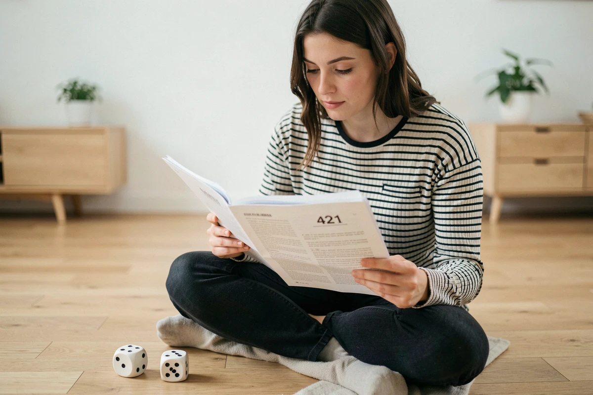 Femme assise par terre lisant attentivement les règles du jeu de dés 421 sur un document imprimé