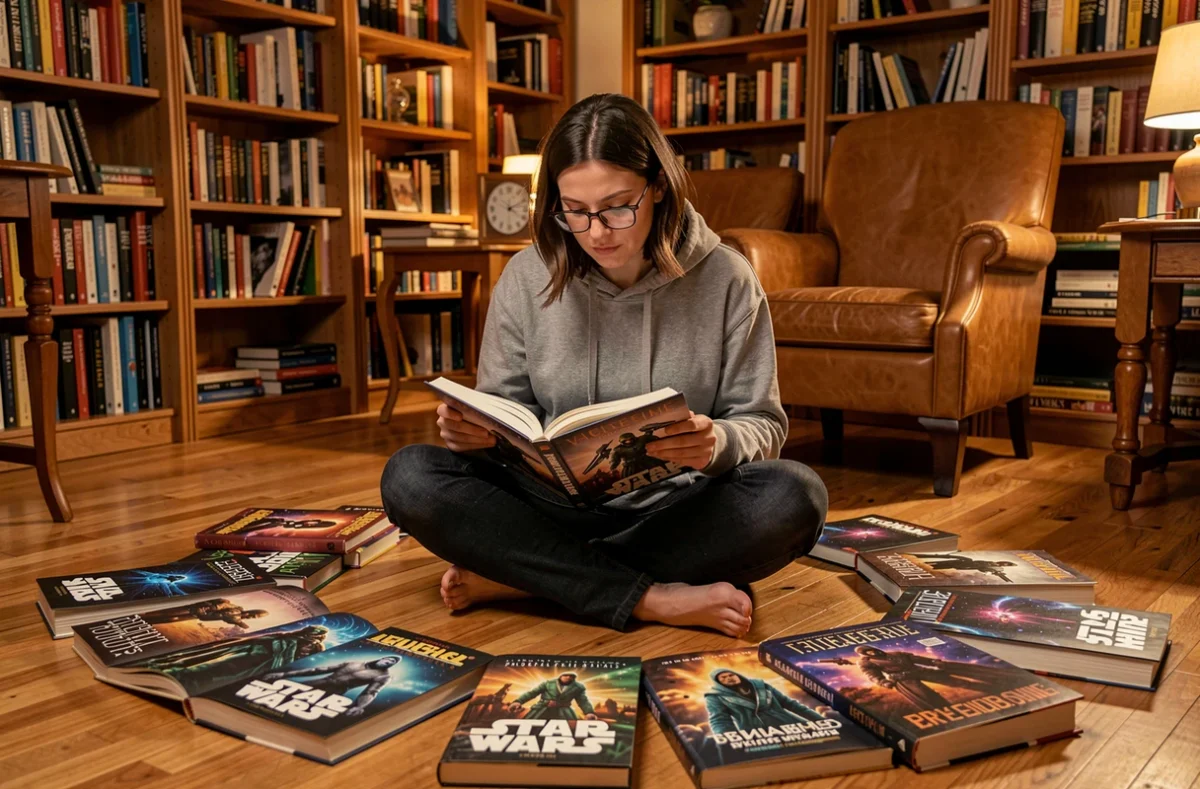 Femme lisant des romans de l'univers étendu Star Wars entourée de livres sur un parquet en bois