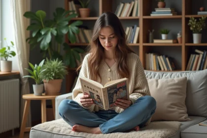 Jeune femme lisant manga dans un salon cosy