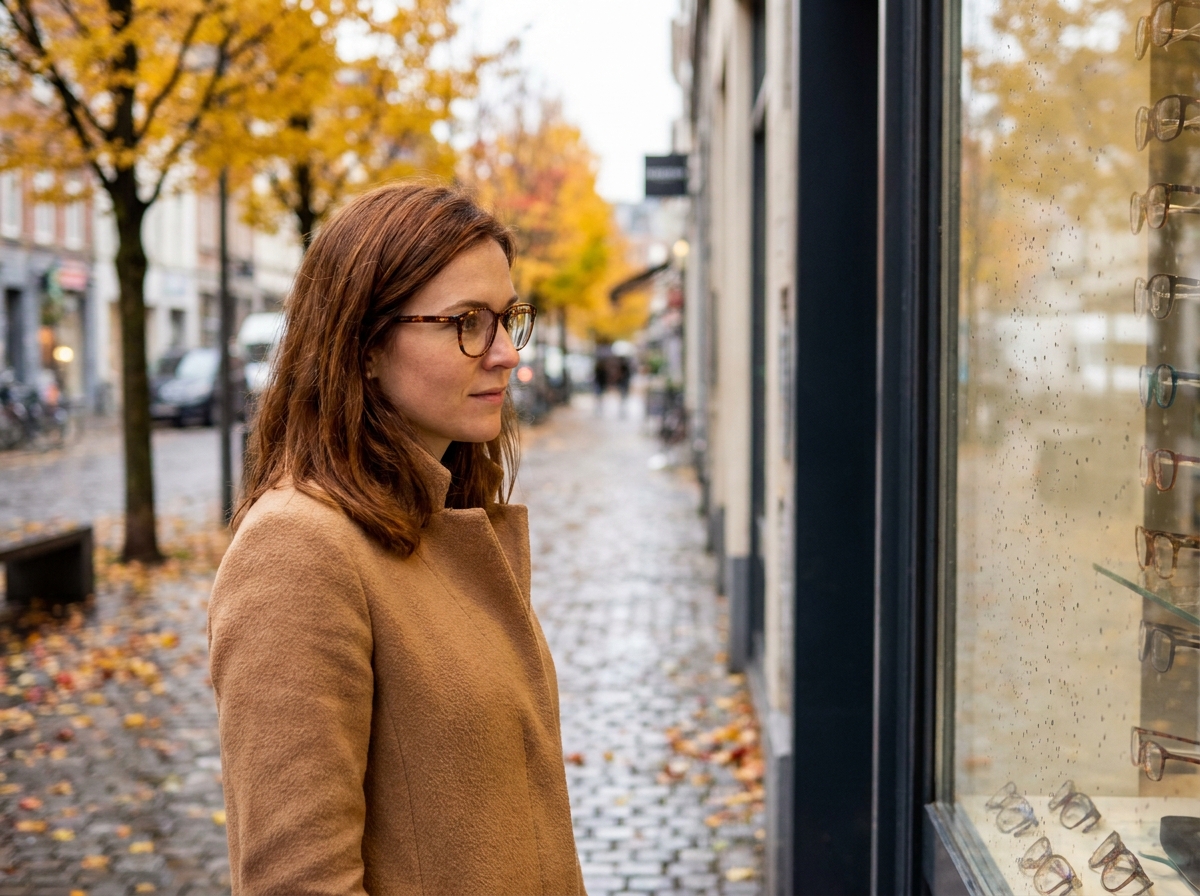Femme portant des lunettes en écaille de tortue et un manteau camel dans une rue parisienne aux feuilles dorées en automne