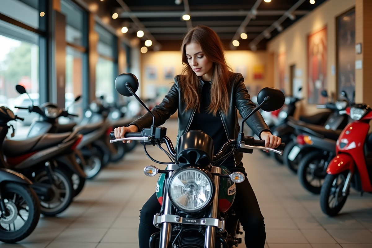 Jeune femme sur une moto dans un showroom accueillant