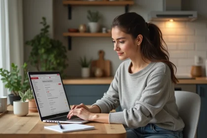 Femme assise à une table de cuisine avec ordinateur et commande