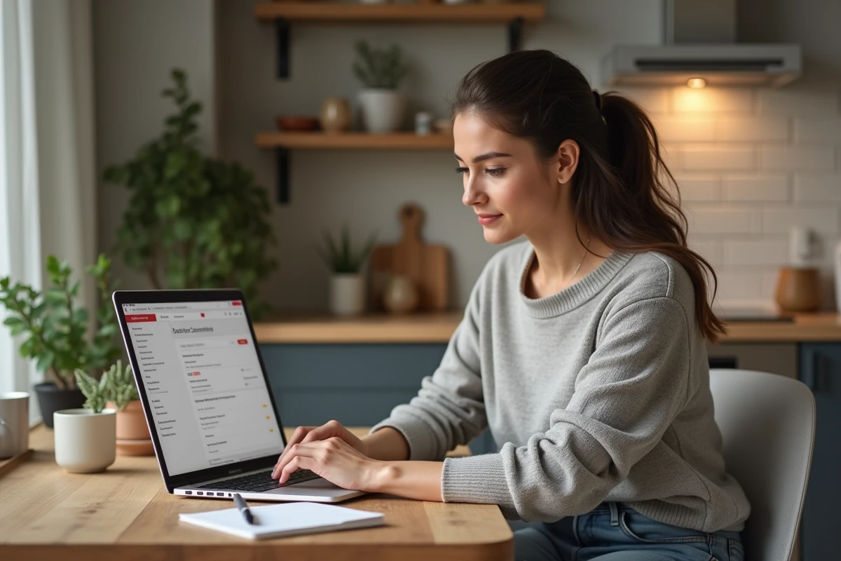 Femme assise à une table de cuisine avec ordinateur et commande