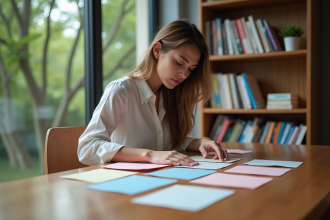 Jeune femme organise des cartes colorées à une table d'étude