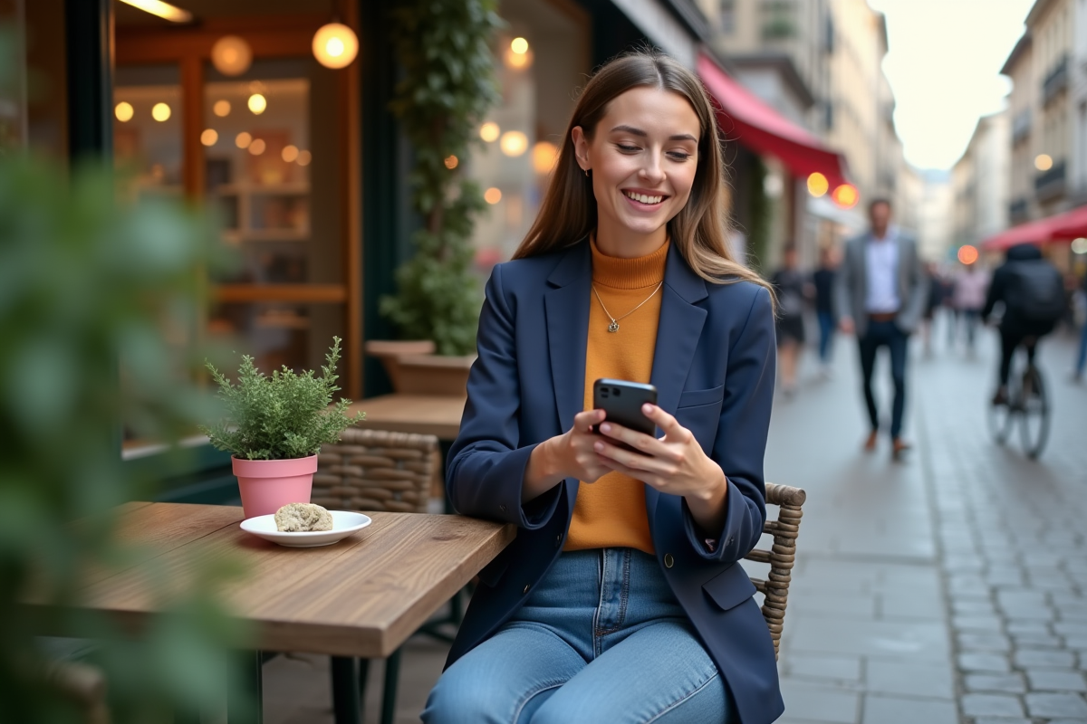 Jeune femme souriante utilisant une application de paiement sur smartphone