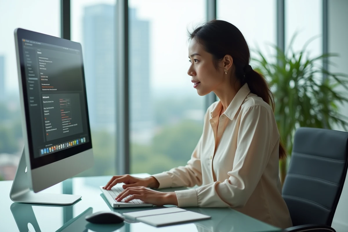 Femme configurant les paramètres de confidentialité d'un chat en ligne dans un bureau moderne