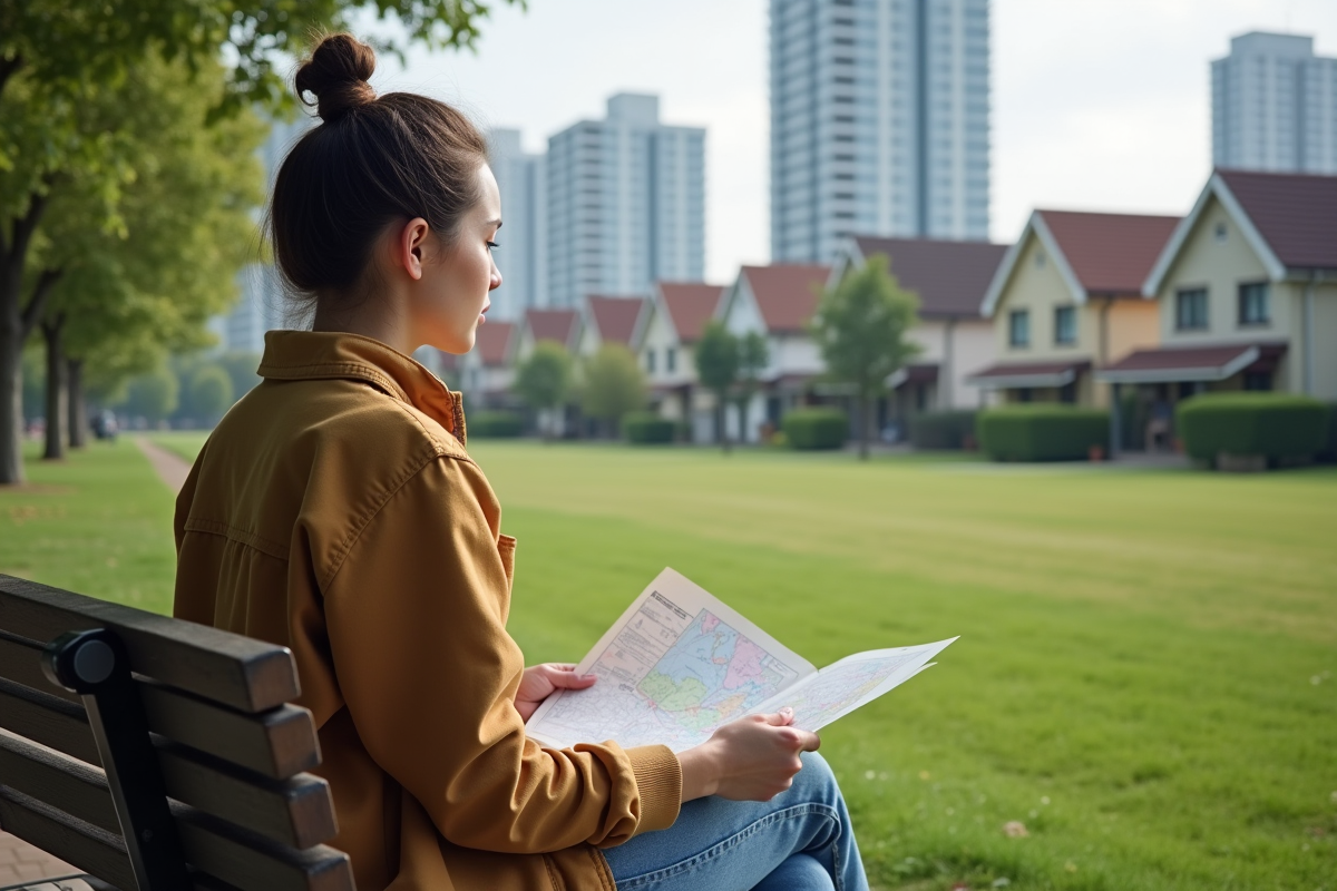 Jeune femme avec carte dans un parc urbain