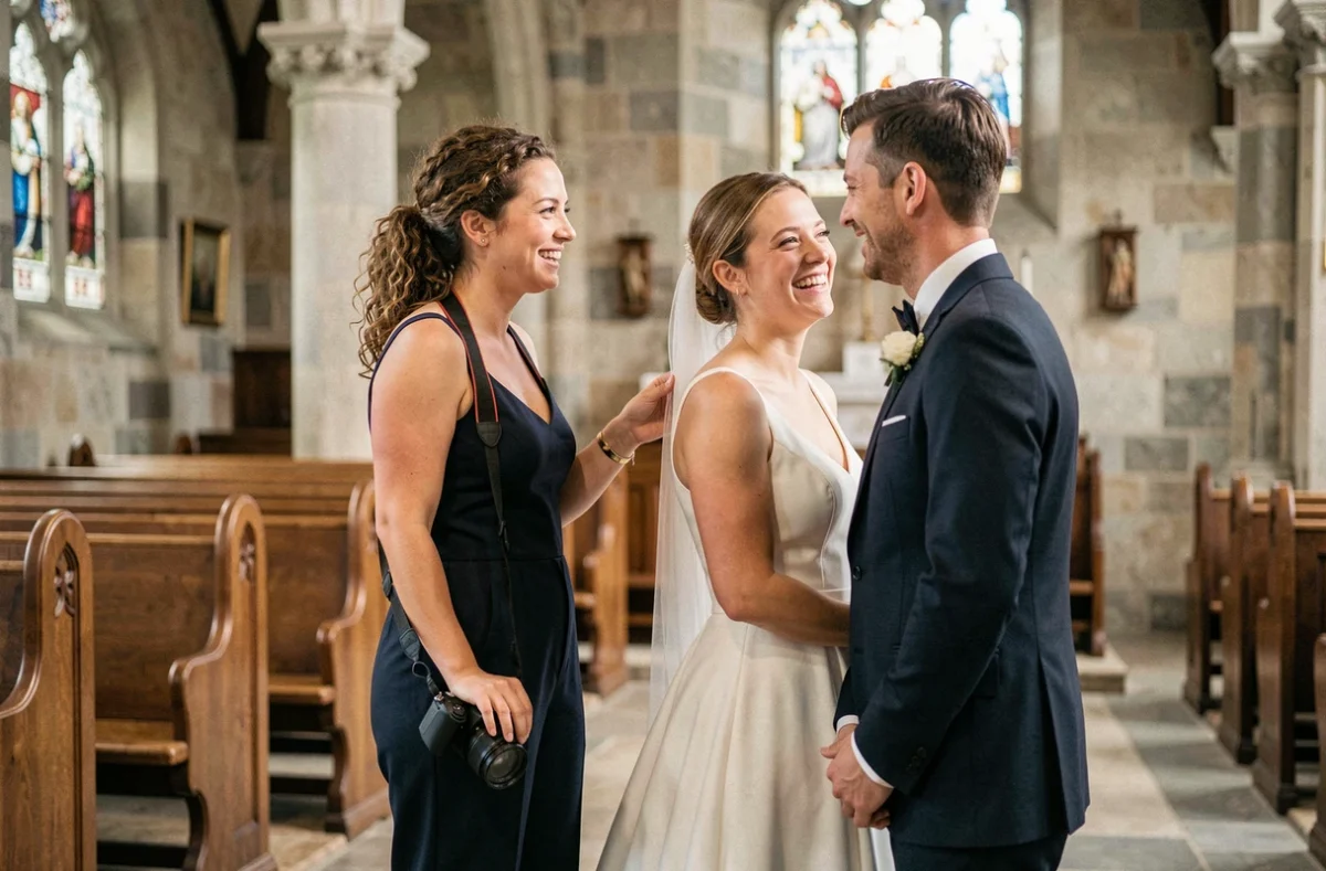 Photographe de mariage femme dirigeant les mariés avec bienveillance à l'intérieur d'une chapelle en pierre ancienne