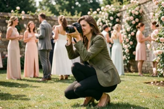 Photographe de mariage femme accroupie dans un jardin fleuri capturant un moment candide lors d'une réception en plein air