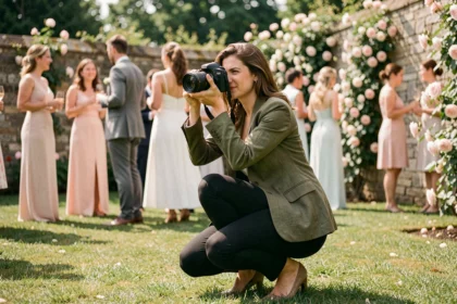 Photographe de mariage femme accroupie dans un jardin fleuri capturant un moment candide lors d'une réception en plein air